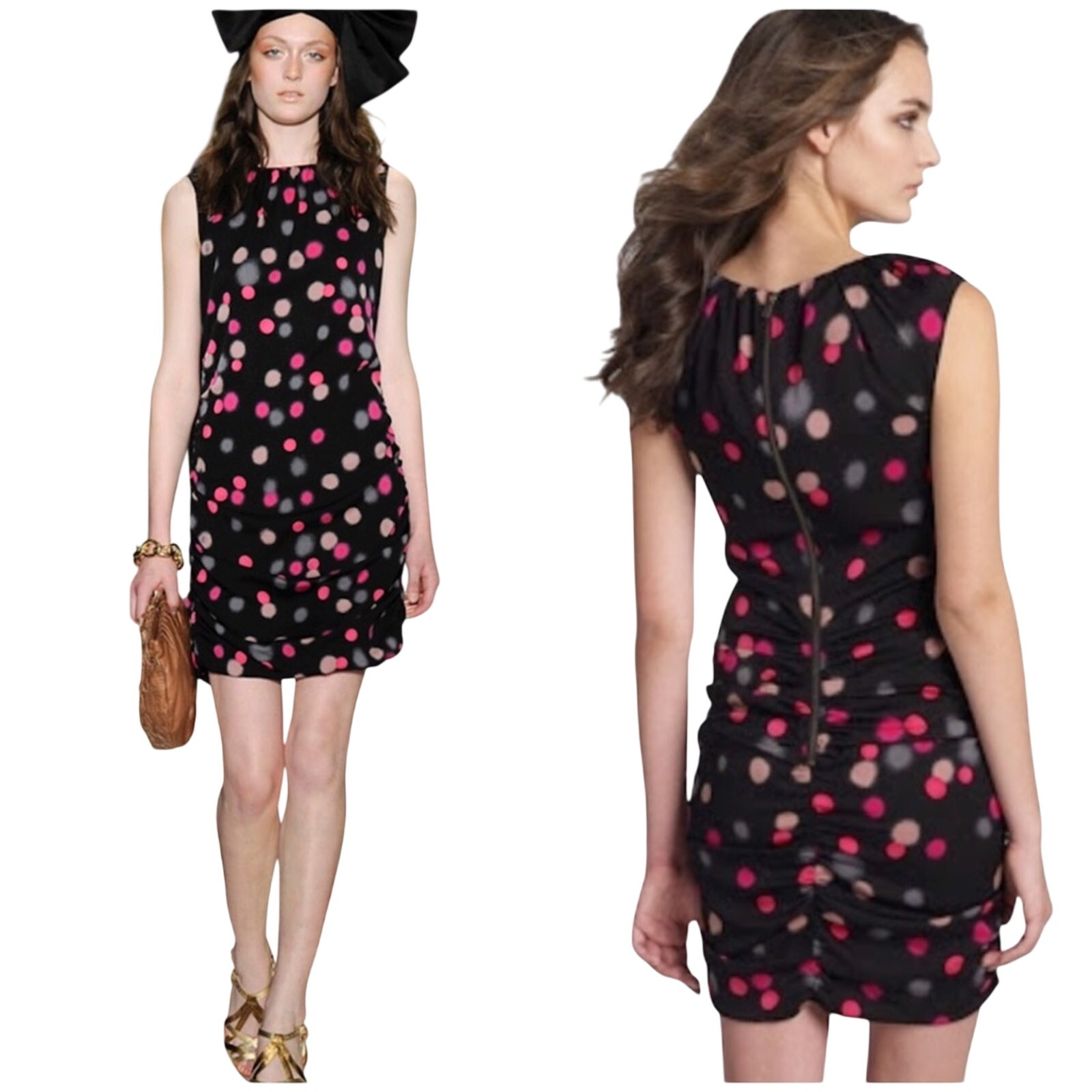 Diane Von Furstenberg Tulipan Silk Dot Sheath Dress Size 4 Sleeveless Ruched